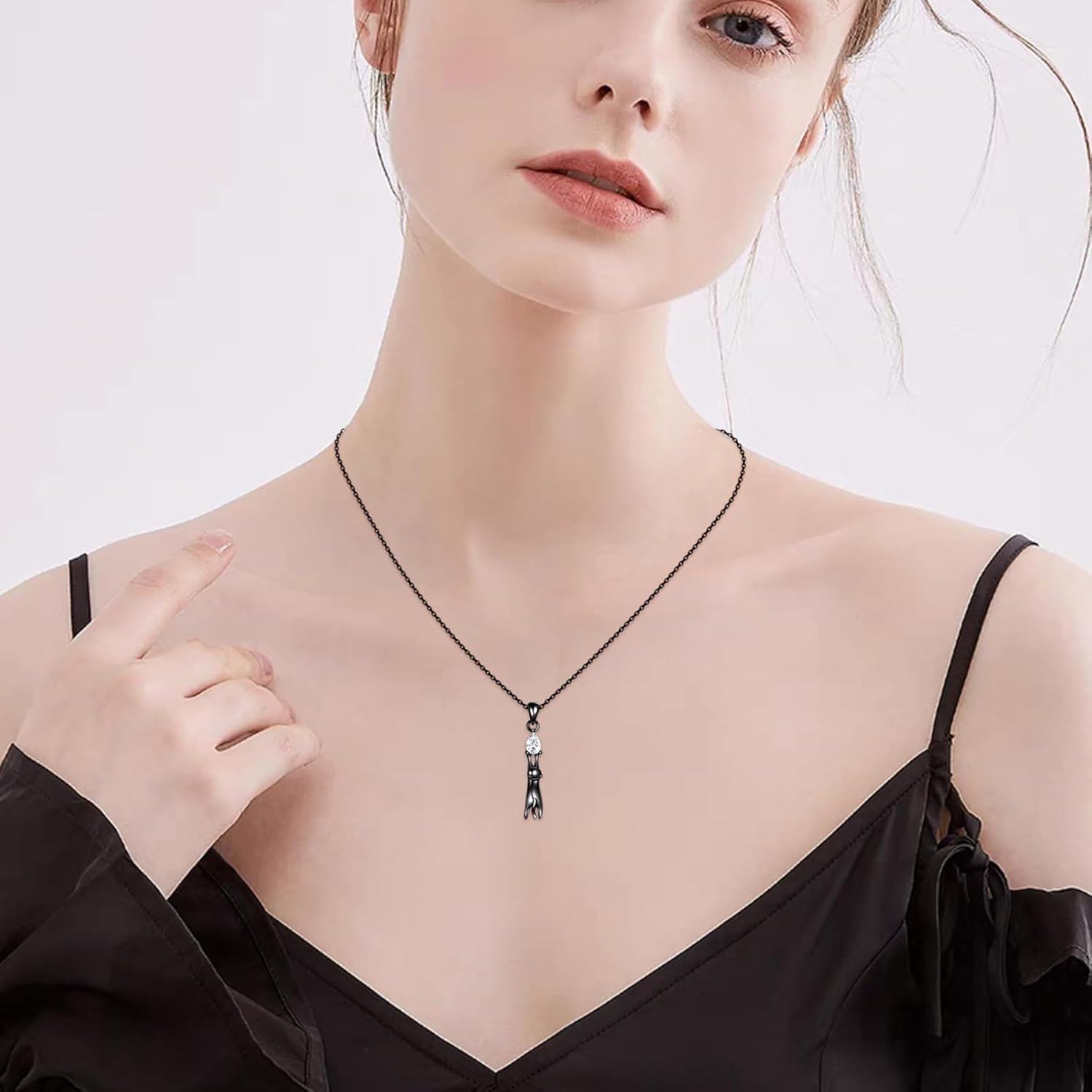 925 Sterling Silver Teardrop Crystal and Black Cat Pendant Necklace for Women Gifts-0-1
