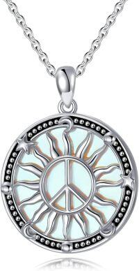 wholesale 925 Sterling Silver Round Luminous Sun & Peace Symbol Pendant Necklace for Women-01-Moonstone Peace Sign Necklace