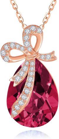 wholesale 925 Sterling Silver Crystal Bow Teardrop Birthstone Pendant Necklace-07-Jul-Ruby Red