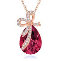 wholesale 925 Sterling Silver Red Crystal Bow Pendant Necklace-07-Jul-Ruby Red