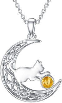 wholesale Sterling Silver Birthstone Cat in Moon Pendant Necklace for Women-November