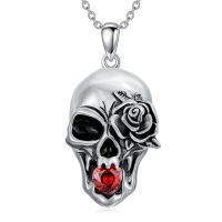 wholesale 925 Sterling Silver Skull Rose Red Stone Pendant Necklace for Women Men-Skull
