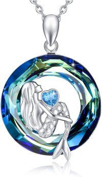 wholesale 925 Sterling Silver Blue Crystal Mermaid Pendant Necklaces for Women Ocean Wave  45cm Chain Length-Heart Mermaid Necklace