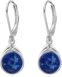 wholesale Sterling Silver Moonstone Turquoise Larimar Moss Agate White Opal Rose Quartz Labradorite Lapis Lazuli Black Agate Leverback Earrings-Lapis Lazuli