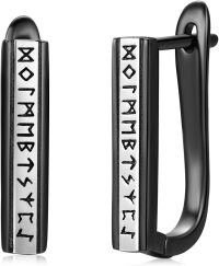 wholesale 925 Sterling Silver Norse Viking Runes Huggie Hoops with Black Onyx Gemstone - Gift for Her-Black-1