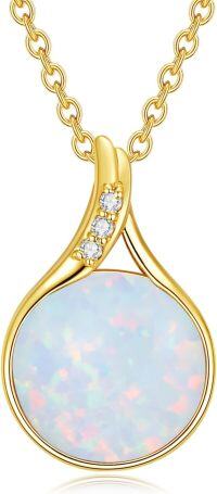 wholesale 14K Gold Round Opal Pendant Necklace with Diamonds and Chain - October Birthday Gemstone s for Women-White Opal
