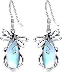 wholesale 925 Sterling Silver Dragonfly Moonstone Leverback Dangle Drop Earrings for Women-46-Dragonfly Earrings with Moonstone