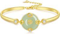 wholesale Gold-Plated 925 Sterling Silver Green Jade Bangle with Lotus and Flower Design - Gift for Mother's Day or Birthdays-Rose