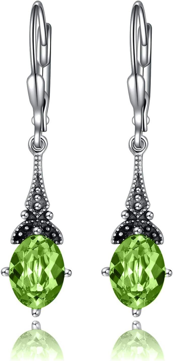 Sterling Silver Austrian Crystal Vintage Drop Dangle Leverback Earrings-Simulated Peridot