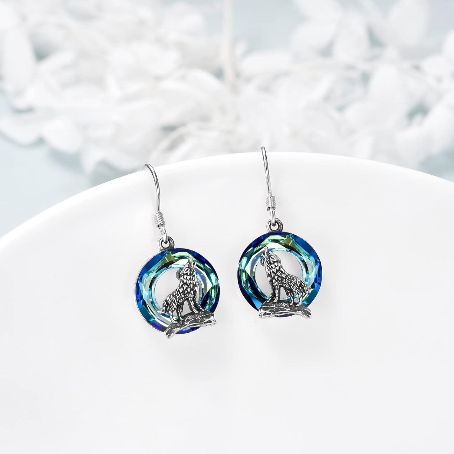 Sterling Silver Moon Stone Norse Celtic Wolf Dangle Drop Earrings-0-2
