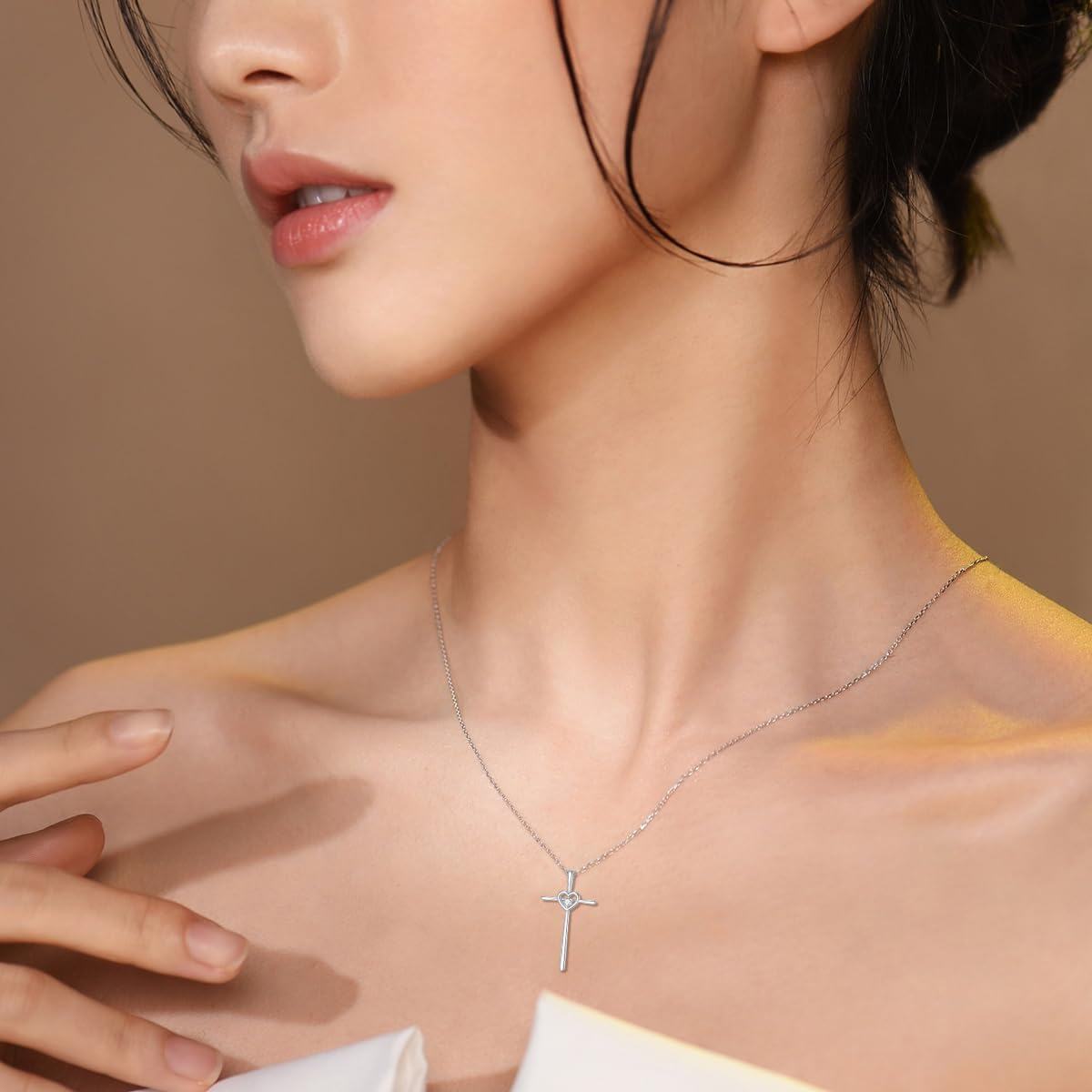 925 Sterling Silver Heart-Shaped Diamond Cross Pendant Necklace for Women-0-1