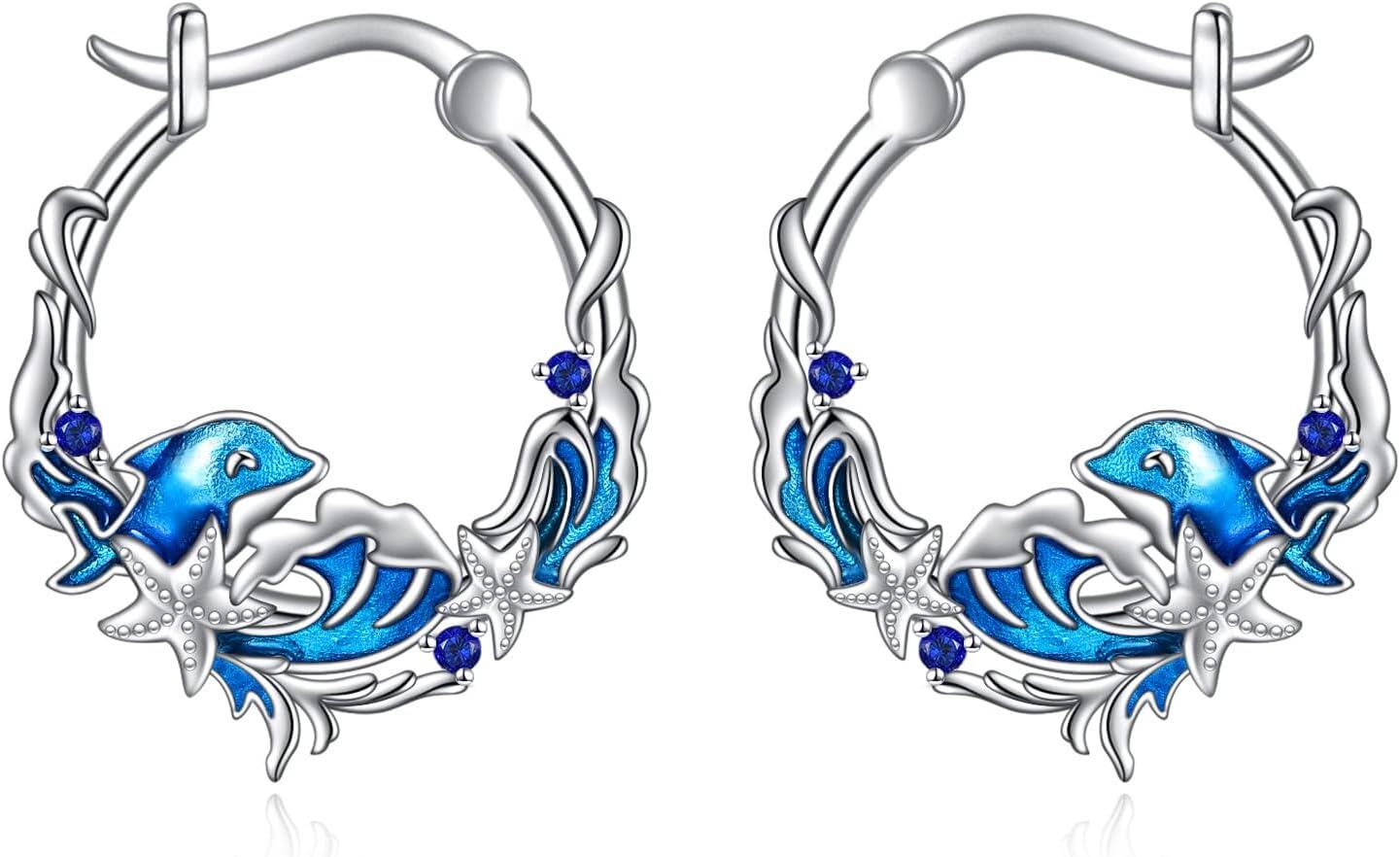wholesale 925 Sterling Silver Dolphin Starfish Blue Stone Hoop Earrings Gift for Her-0-0