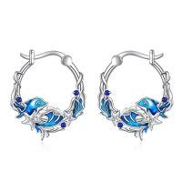 wholesale 925 Sterling Silver Dolphin Hoop Earrings Wholesale With Blue Enamel-Animal earrings- Dolphin Earrings