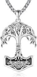 wholesale 925 Sterling Silver Viking Thor's Hammer Mjolnir & Yggdrasil Tree of Life Pendant Necklace w/-0-0