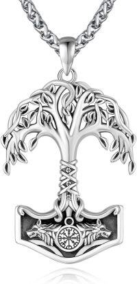 wholesale 925 Sterling Silver Viking Thor's Hammer Mjolnir & Yggdrasil Tree of Life Pendant Necklace w/-B-tree of life
