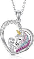 wholesale 925 Sterling Silver Heart-Shaped Rainbow Crystal Unicorn Pendant Necklace for Women's Gifts-0-0