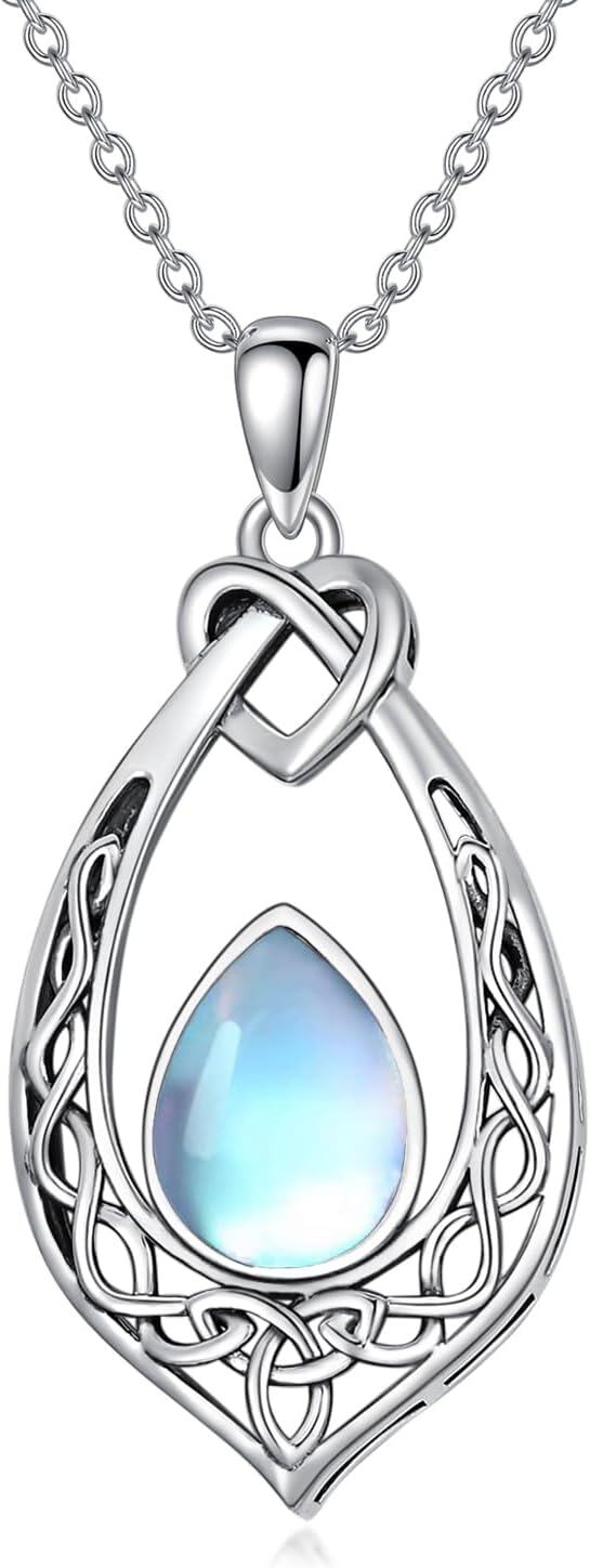 Sterling Silver Simulated Birthstone Celtic Knot Necklace Oxidized Vintage Love Knot Pendant Women s Jewelry Gift-Moonstone