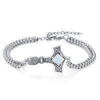 wholesale 925 Sterling Silver Archangel St Thor Hammer Protection Amulet Bracelet  for Men Women 7 +2 Adjustable Chain-02-Thor Hammer(square-opal silver)