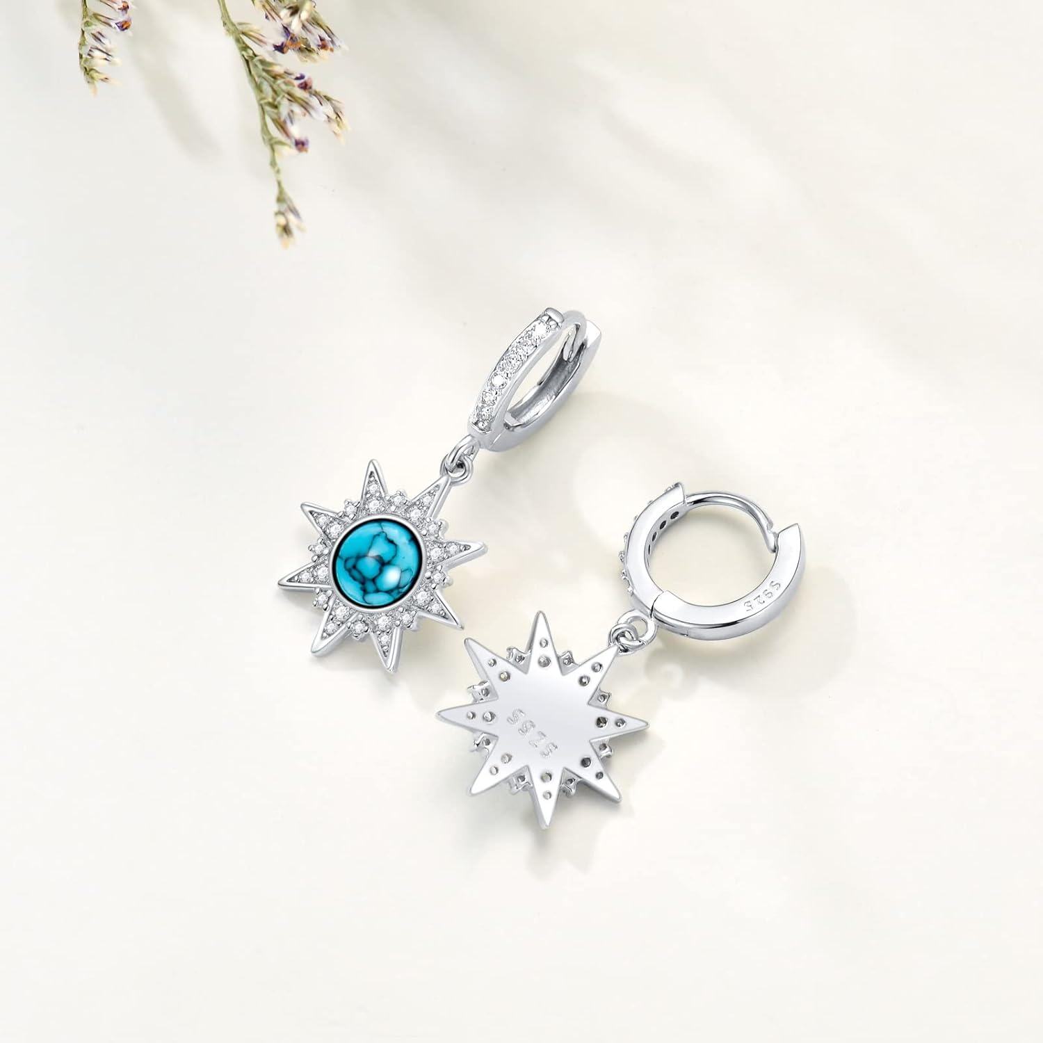 925 Sterling Silver Starburst Turquoise Drop Earrings - Gemstone s for Her-0-3