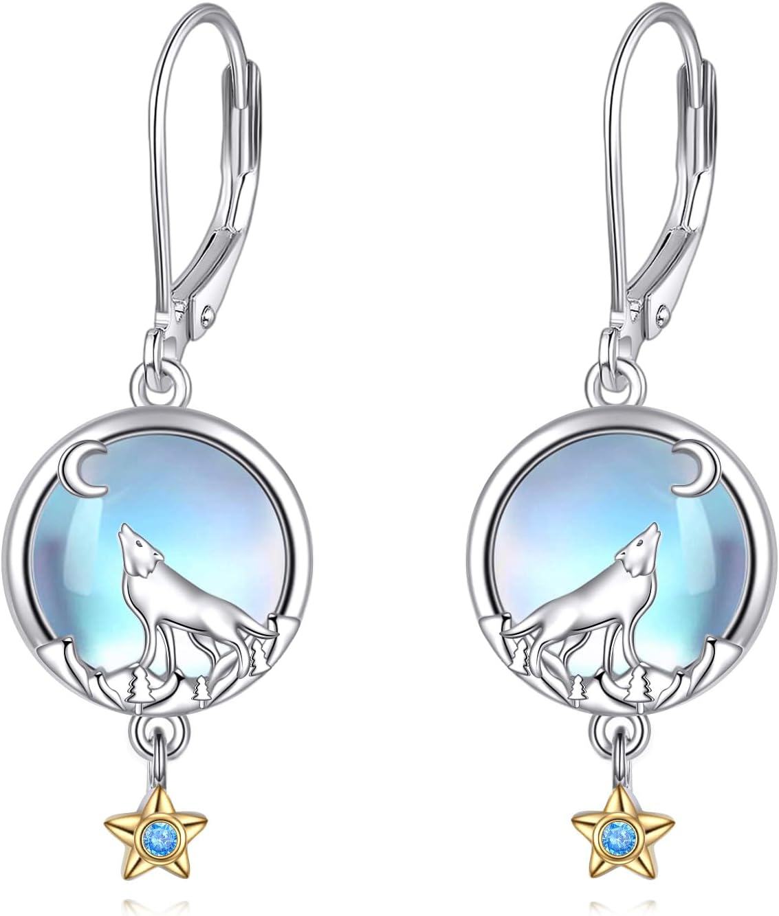  Sterling Silver Moonstone Fox Wolf Hummingbird Dangle Earrings for Women -0-1