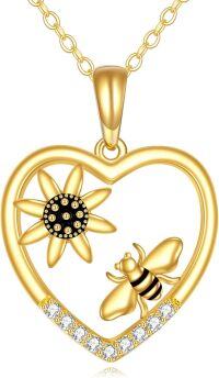 wholesale 14K Gold Honeybee Heart Flower Diamond Pendant Necklace for Women's Gifts-Bee Sunflower
