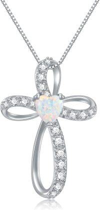 wholesale 925 Sterling Silver Birthstone Cross Necklace for Women Birthday Mother s Day Gift ( )-10-October Birthstone - Opal