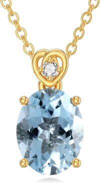 wholesale 14K Gold Diamond (I2 I3) 2Ct Oval Birthstone Necklace for Women Mom-created aquamarine