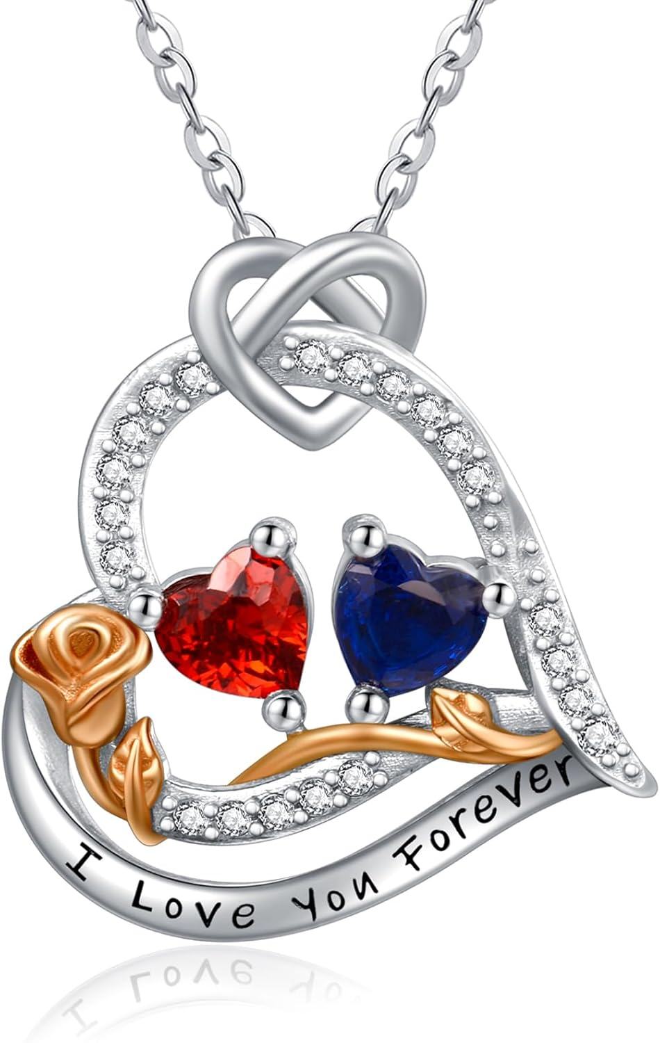  Sterling Silver 2 Birthstones Rose Heart Necklace for Women -01-09-Jan-Sept