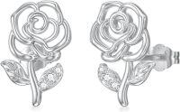 wholesale 925 Sterling Silver Rose Flower Stud Earrings with Cubic Zirconia and Rhodium Plating-Rose