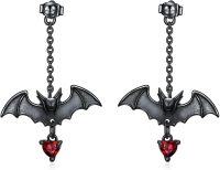 wholesale 925 Sterling Silver & Red Birthstone Gothic Bat Stud Earrings with Chains, Punk Rock Jewelry, Halloween Gift for Women Men-Bat