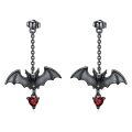 wholesale 925 Sterling Silver & Red Birthstone Gothic Bat Stud Earrings with Chains, Punk Rock Jewelry, Halloween Gift for Women Men-0-0