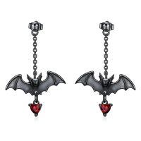 wholesale 925 Sterling Silver & Red Birthstone Gothic Bat Stud Earrings with Chains, Punk Rock Jewelry, Halloween Gift for Women Men-Bat