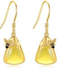 wholesale 14K Gold Yellow Triangle Honeycomb Bee Drop Dangle Earrings - Valentines Day Gifts for Her-Amber Bee Earings