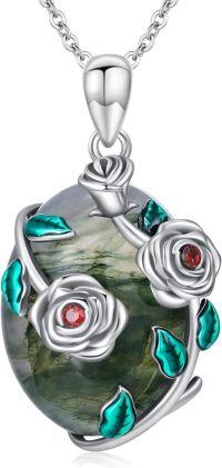 wholesale 925 Sterling Silver Green Moss Agate Rose Floral Pendant Necklaces for Women-Rose