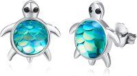 wholesale 925 Sterling Silver Sea Turtle Stud Earrings with Iridescent Scales - Ocean Themed Jewelry for Women and Girls-Light Blue