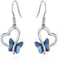 wholesale 925 Sterling Silver Blue Crystal Butterfly Heart Drop Earrings-0-0