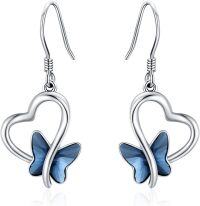 wholesale 925 Sterling Silver Blue Crystal Butterfly Heart Drop Earrings-Blue
