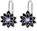 wholesale 925 Sterling Silver Purple Crystal Black Enamel Lotus Flower Teardrop Dangle Leverback Earrings for Women-0-0
