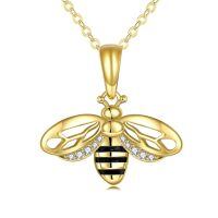 wholesale 925 Sterling Silver Bee Pendant Necklace With Black Accents And Clear Stones-Bee