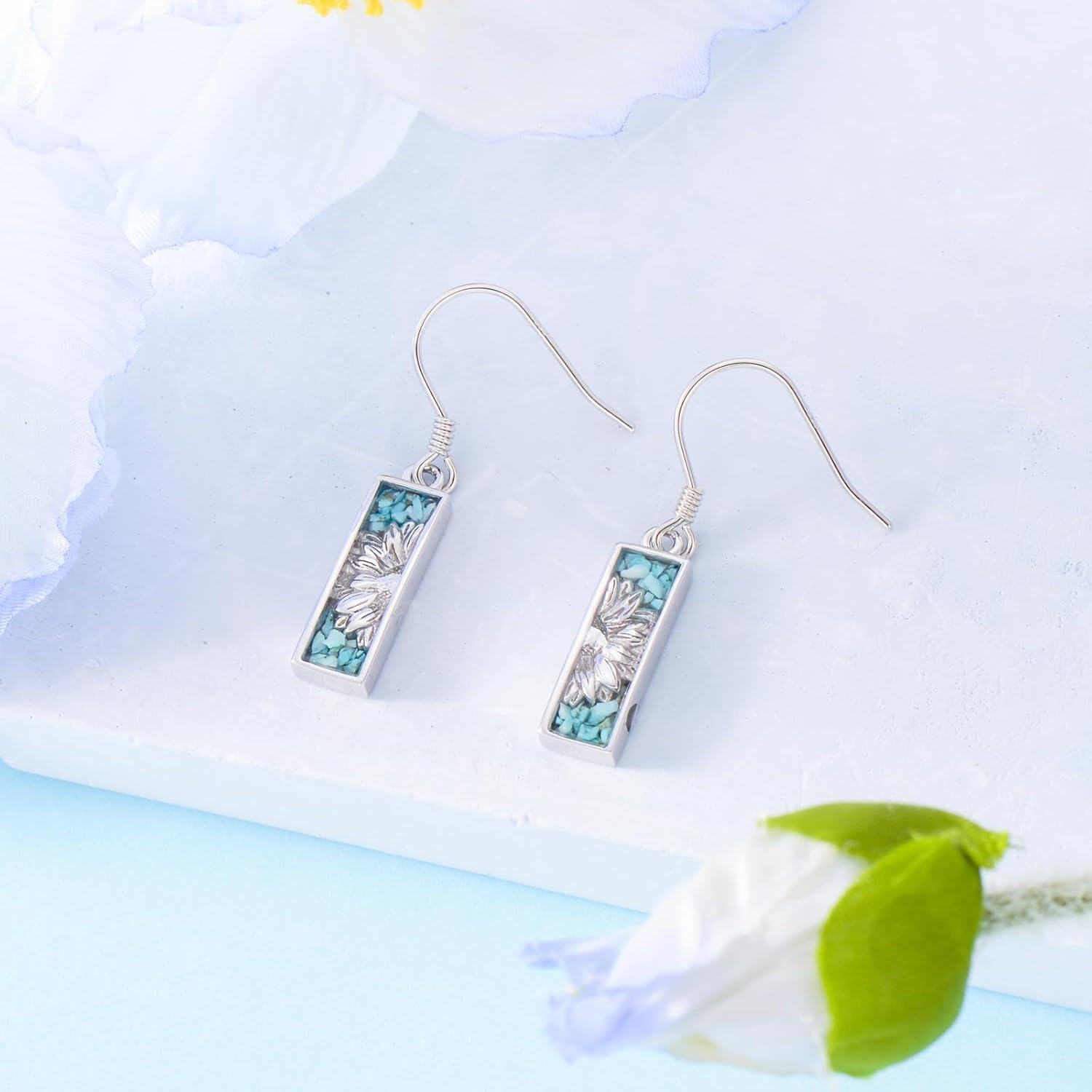 925 Sterling Silver Turquoise Flower Drop Earrings-0-2