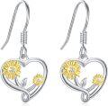 wholesale 925 Sterling Silver Heart-Shaped Sunflower Drop Earrings with Gold Accents and Cubic Zirconia Stones-0-0