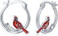 wholesale 925 Sterling Silver Cardinal Bird Branch Huggie Hoop Earrings with Red Enamel and Black Accents-0-0