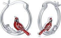 wholesale 925 Sterling Silver Cardinal Bird Branch Huggie Hoop Earrings with Red Enamel and Black Accents-Cardinal