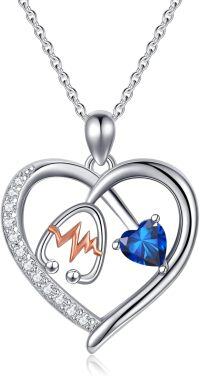 wholesale Sterling Silver Gemstone Heart Stethoscope Pendant Necklace for Women-A9:September-Sapphire