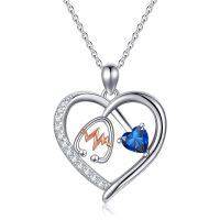 wholesale 925 Sterling Silver Gemstone Heart Stethoscope Pendant Necklace for Women-A9:September-Sapphire
