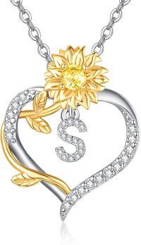 wholesale Gold Plated Sterling Silver Sunflower Letter Heart Pendant Necklace for Women-Letter S