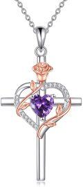 wholesale Sterling Silver Birthstones Rose Cross Heart Crucifix Pendant Necklace for Women-0-18
