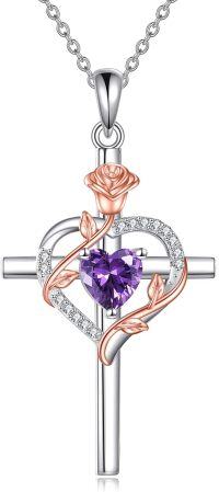 wholesale Sterling Silver Birthstones Rose Cross Heart Crucifix Pendant Necklace for Women-02-Feb-Amethyst