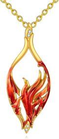 wholesale Gold 925 Sterling Silver Phoenix Necklace with Red Enamel and Cubic Zirconia - Risen Firebird Pendant  for Mothers & Girls on Mother's Day-0-0