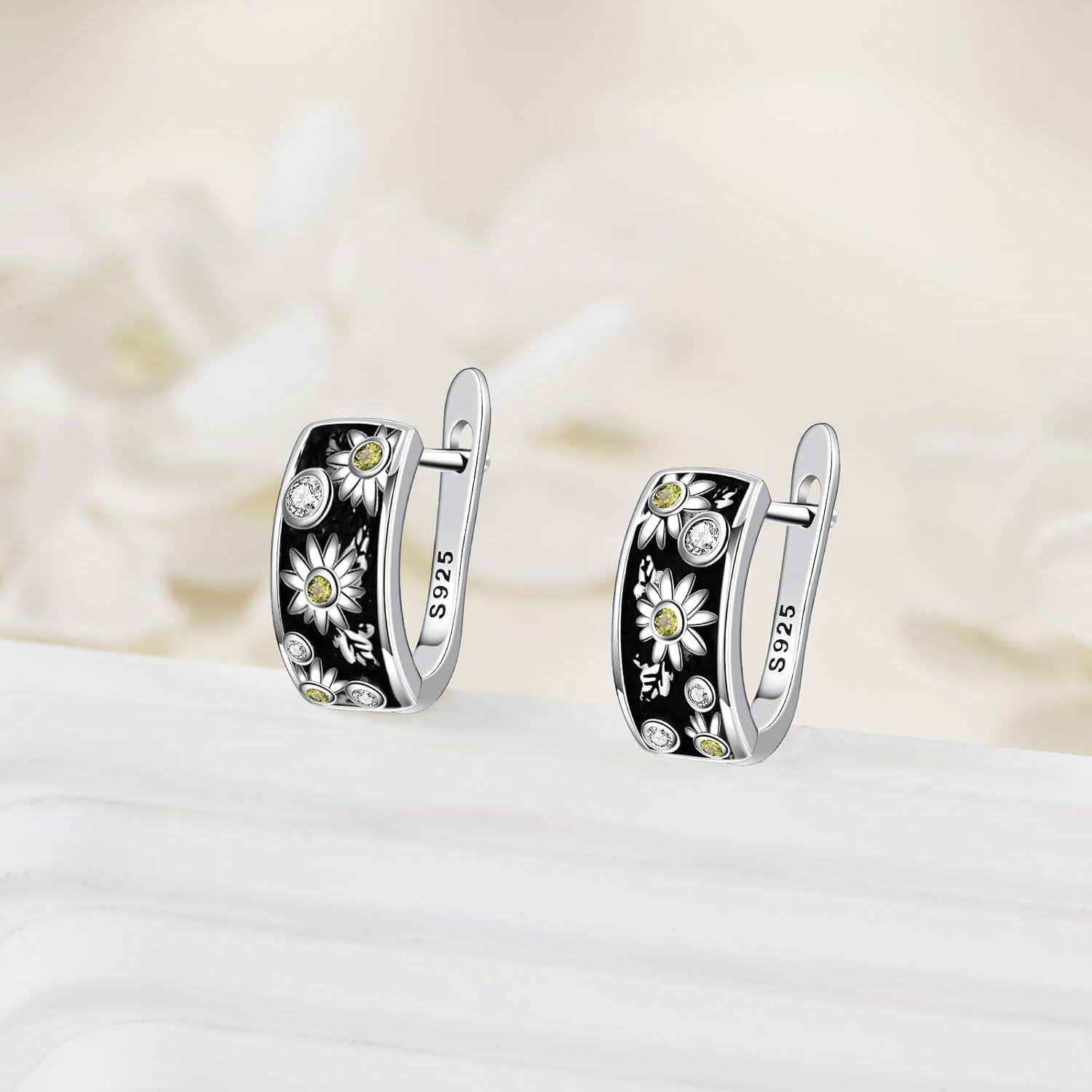 Metal Stone Flower Hoop Earrings Daisy Sunflower Morning Glory Floral Jewelry Gifts for Women-0-5